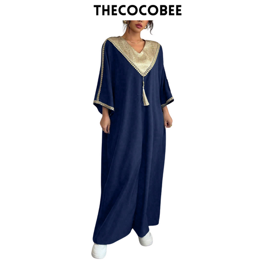 #145 Navy Blue Loose Fit Women Retro Style Patchwork Long Robe Gown With Wide Leg Pants