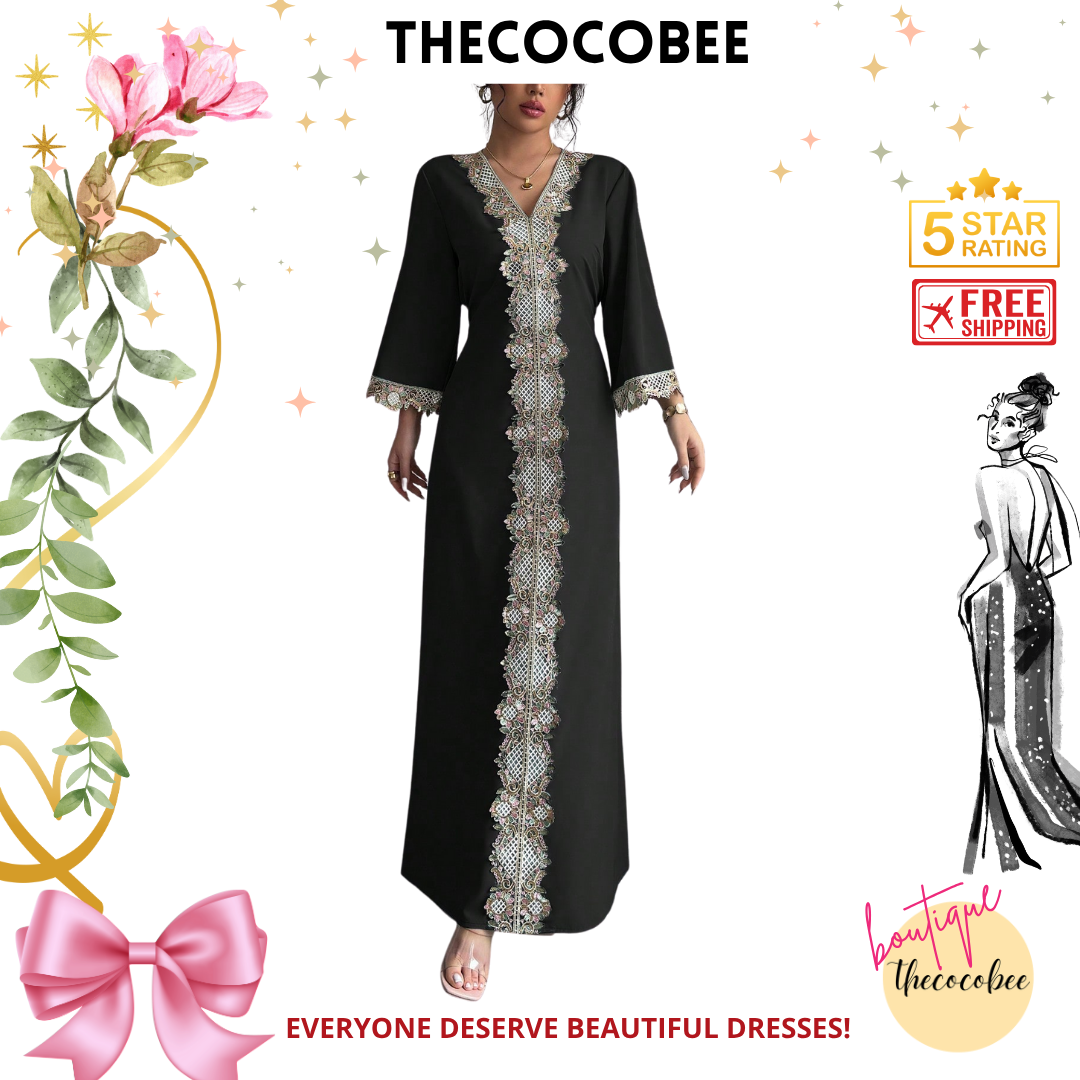 #146 Black Fashion Floral Applique Ruffle Waist Maxi Dress