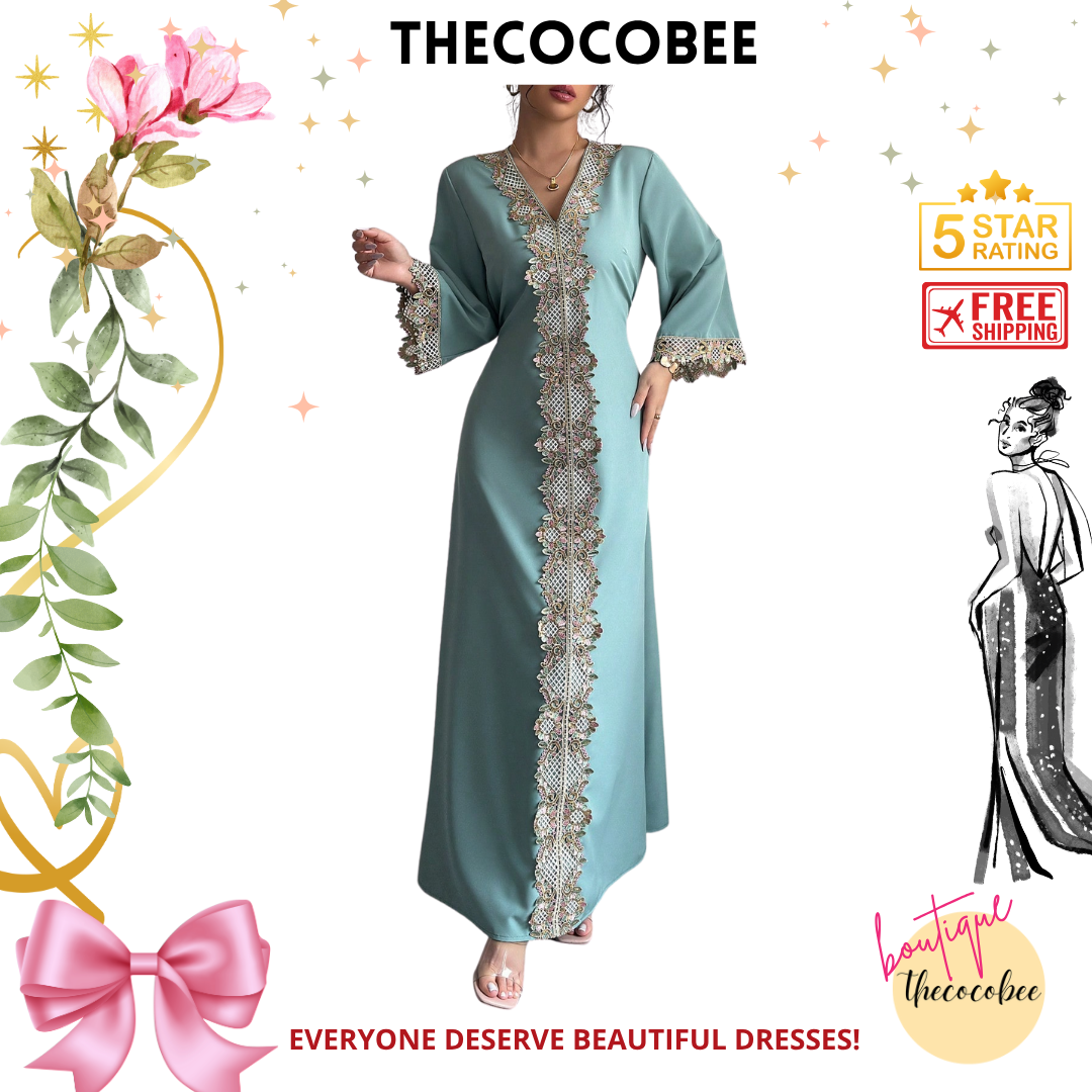 #146 Mint Green Fashion Floral Lace Trim Fitted Maxi Dress