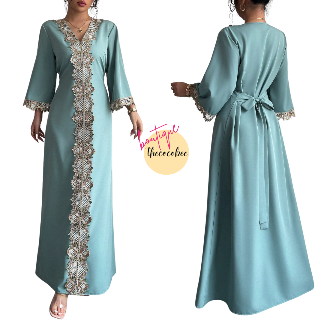 #146 Mint Green Fashion Floral Lace Trim Fitted Maxi Dress