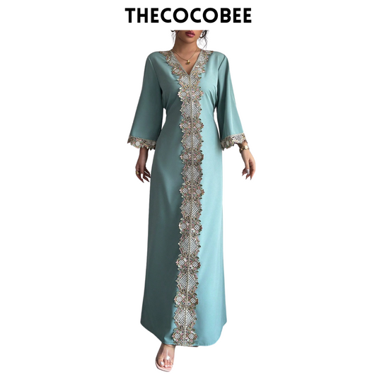 #146 Mint Green Fashion Floral Lace Trim Fitted Maxi Dress