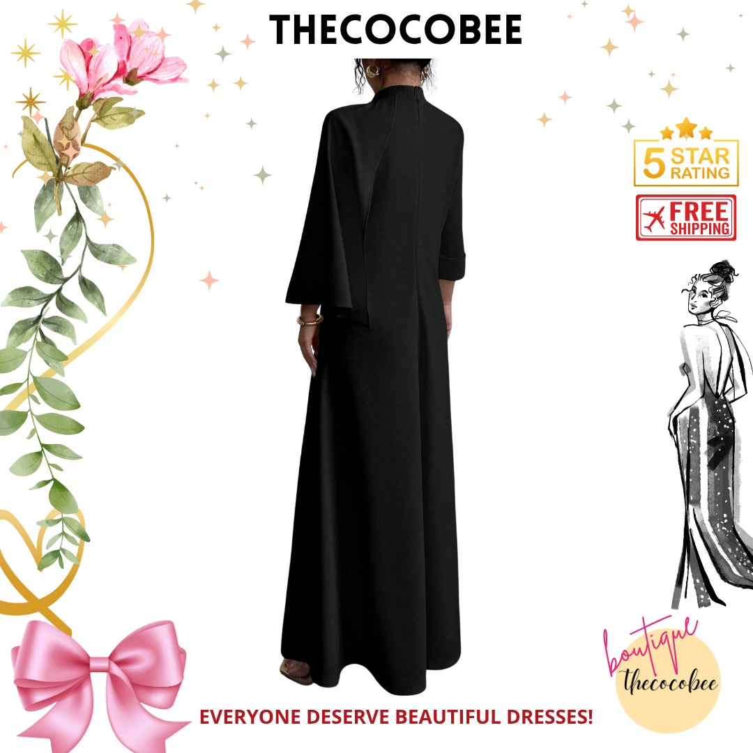 #147 Black Luxury Evening Dress, Hand Beaded Front Middle Decor, Ramadan Festival, Three Quarter Sleeve, Knitted Robe