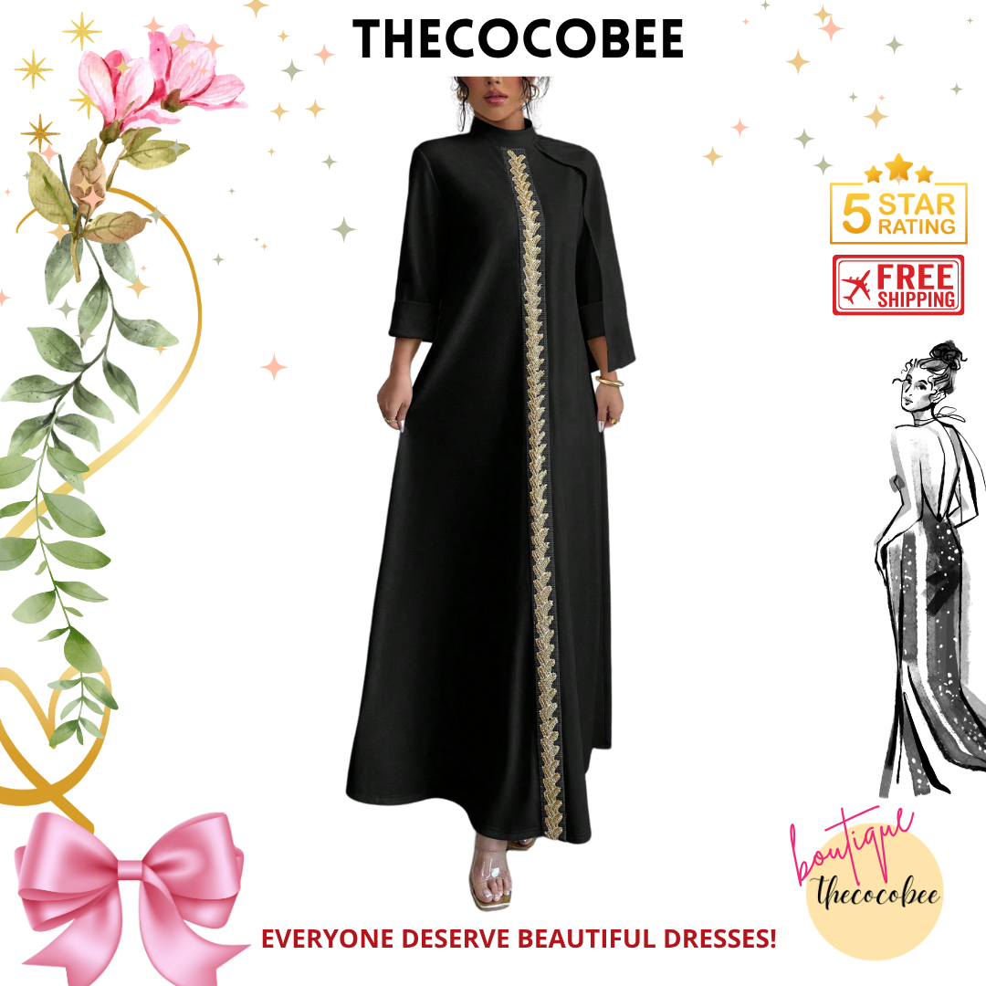 #147 Black Luxury Evening Dress, Hand Beaded Front Middle Decor, Ramadan Festival, Three Quarter Sleeve, Knitted Robe