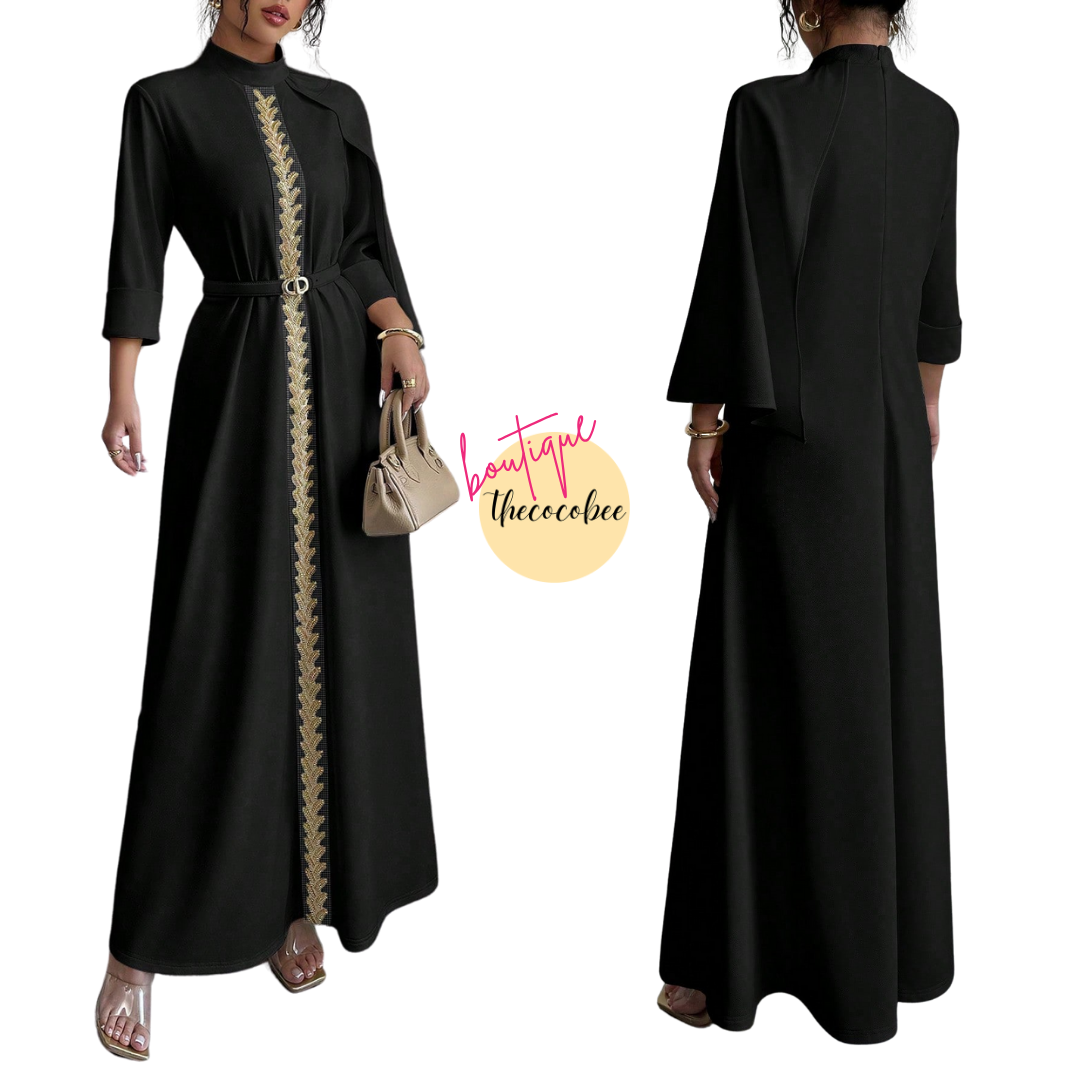 #147 Black Luxury Evening Dress, Hand Beaded Front Middle Decor, Ramadan Festival, Three Quarter Sleeve, Knitted Robe