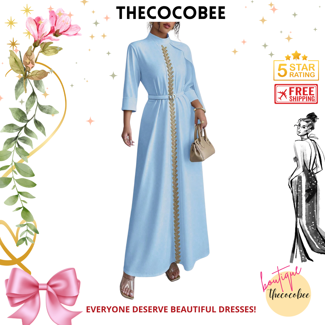 #147 Blue Luxury Evening Dress Handmade Beaded Front & Center Decorated Middle East Eid Festival 3/4 Sleeve Knitted Round Neck Robe