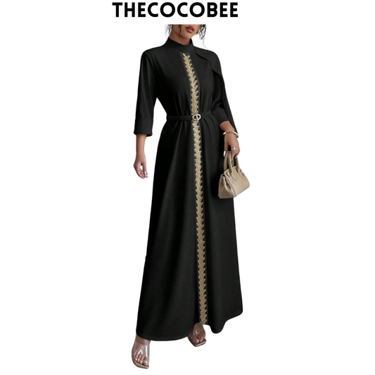 #147 Black Luxury Evening Dress, Hand Beaded Front Middle Decor, Ramadan Festival, Three Quarter Sleeve, Knitted Robe