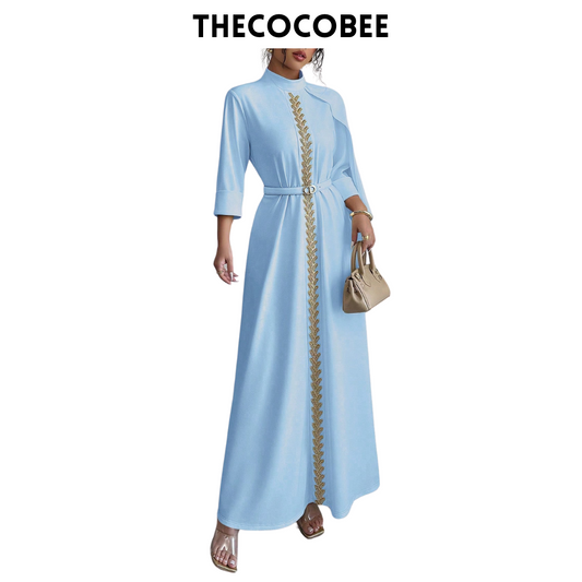 #147 Blue Luxury Evening Dress Handmade Beaded Front & Center Decorated Middle East Eid Festival 3/4 Sleeve Knitted Round Neck Robe