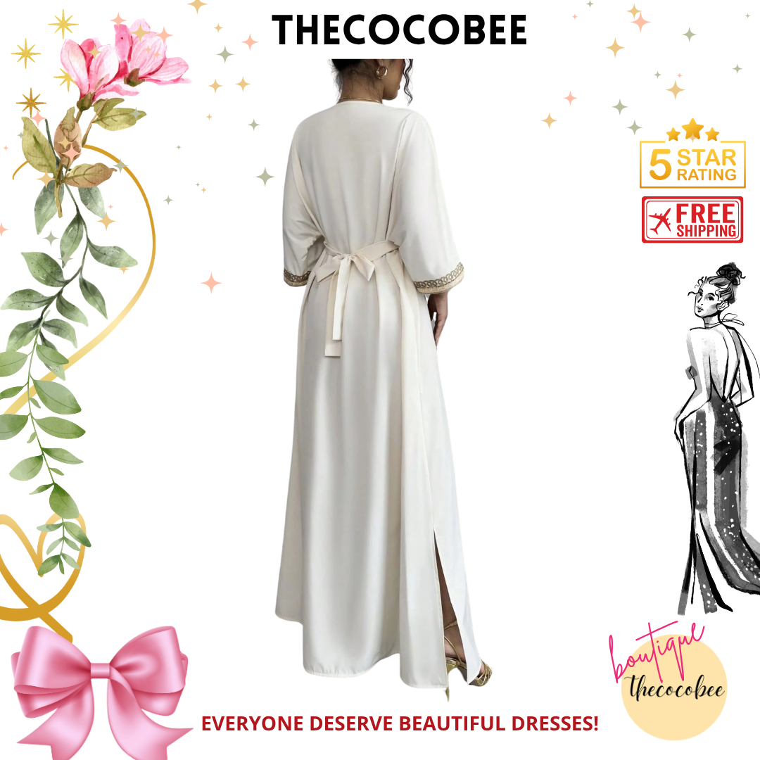 #148 Apricot Elegant Floral Embroidery Fringe V-Neck Waist Cincher Long Dress, Suitable For Ramadan