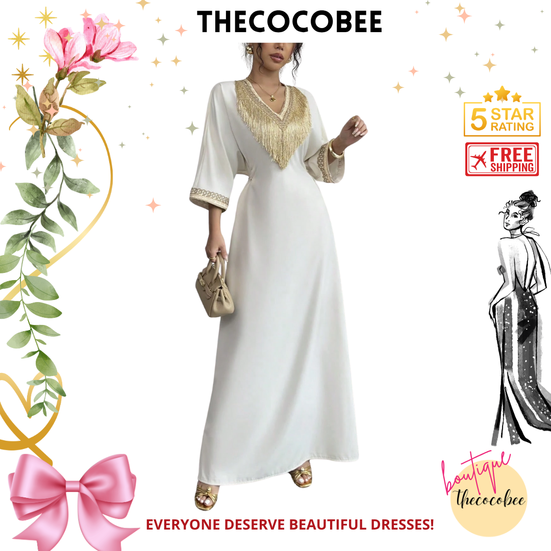 #148 Apricot Elegant Floral Embroidery Fringe V-Neck Waist Cincher Long Dress, Suitable For Ramadan