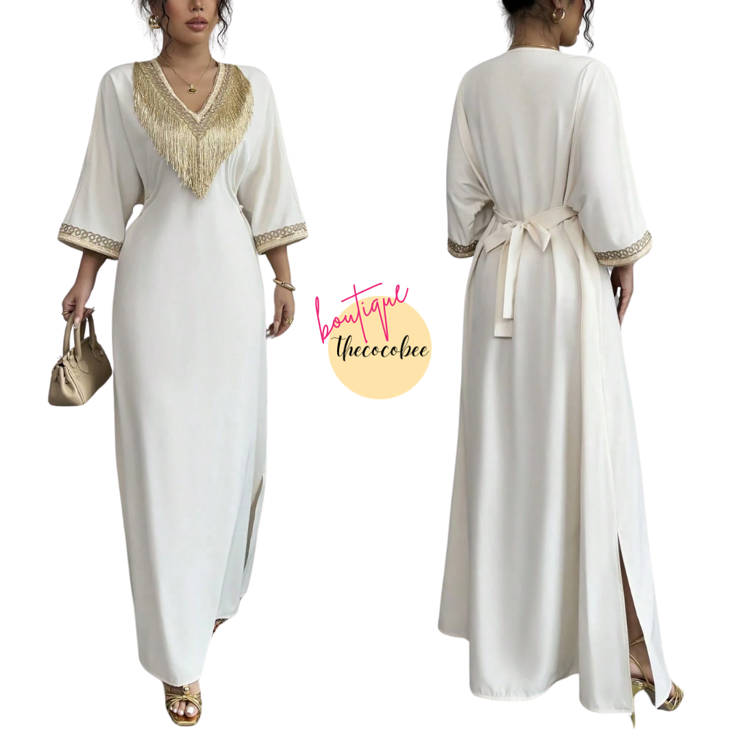 #148 Apricot Elegant Floral Embroidery Fringe V-Neck Waist Cincher Long Dress, Suitable For Ramadan