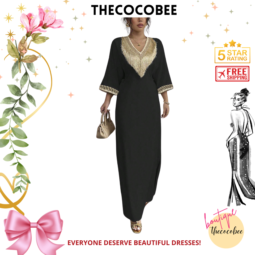 #148 Black Elegant Floral Print Fringe V-Neck Waisted Long Dress, Suitable For Ramadan