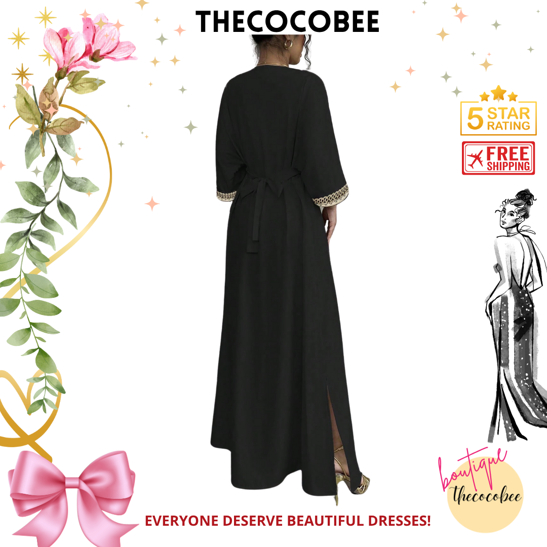 #148 Black Elegant Floral Print Fringe V-Neck Waisted Long Dress, Suitable For Ramadan