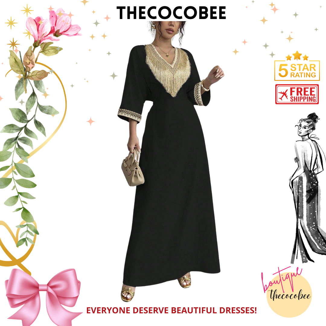 #148 Black Elegant Floral Print Fringe V-Neck Waisted Long Dress, Suitable For Ramadan