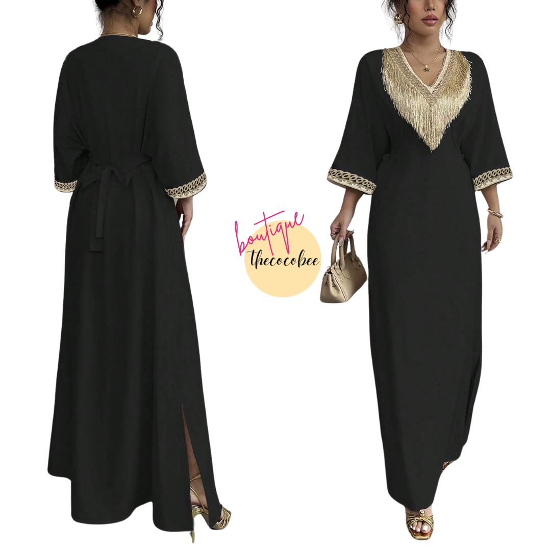 #148 Black Elegant Floral Print Fringe V-Neck Waisted Long Dress, Suitable For Ramadan