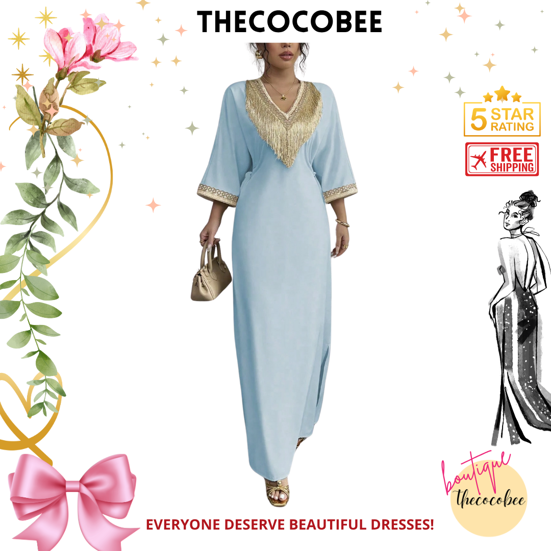 #148 Blue Elegant Applique Collar Tassel V-Neck Waisted Middle East Ramadan Long Dress