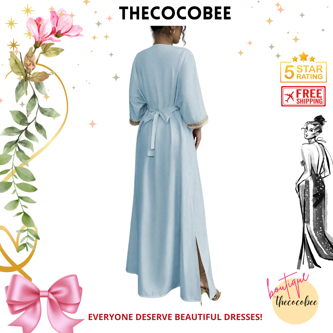 #148 Blue Elegant Applique Collar Tassel V-Neck Waisted Middle East Ramadan Long Dress