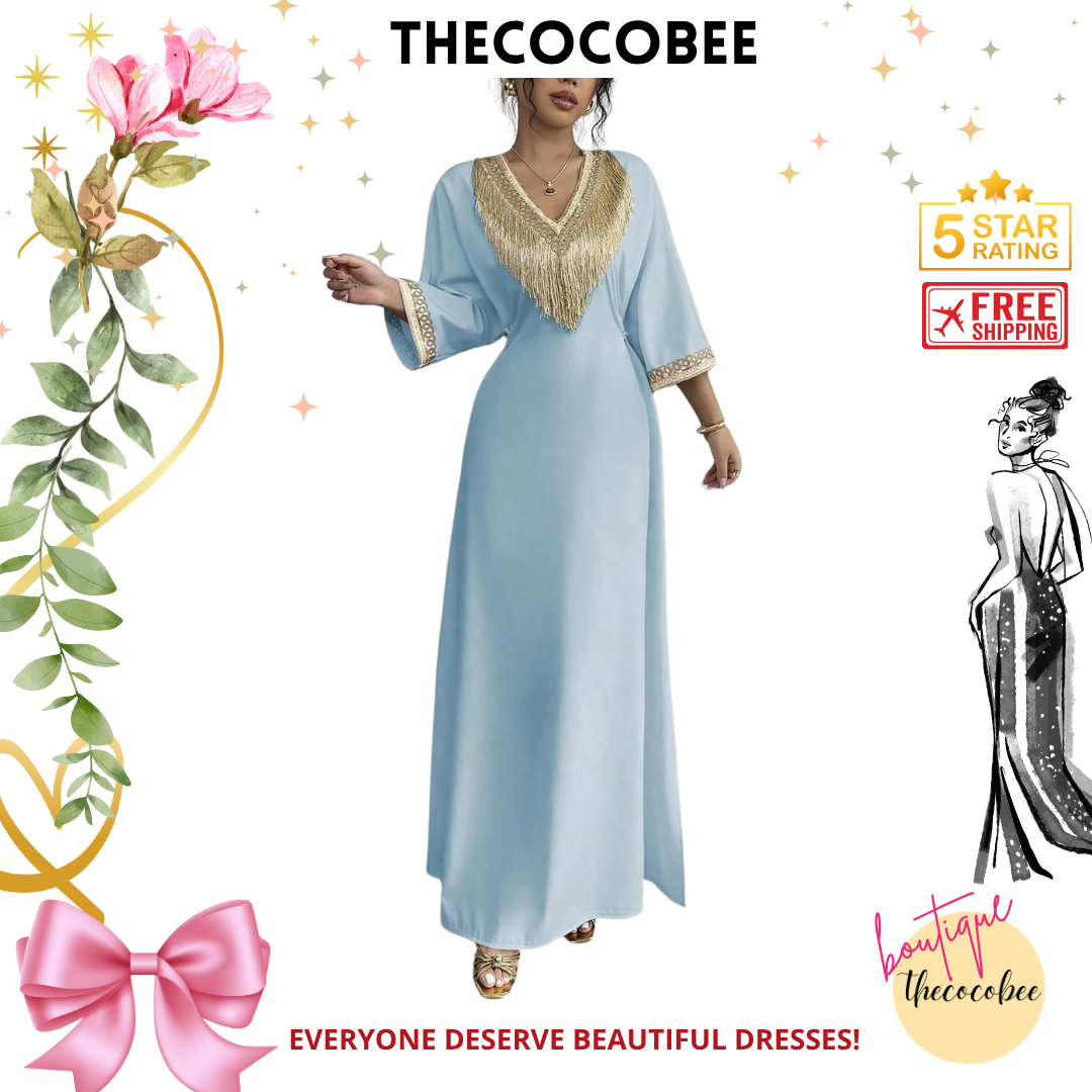 #148 Blue Elegant Applique Collar Tassel V-Neck Waisted Middle East Ramadan Long Dress