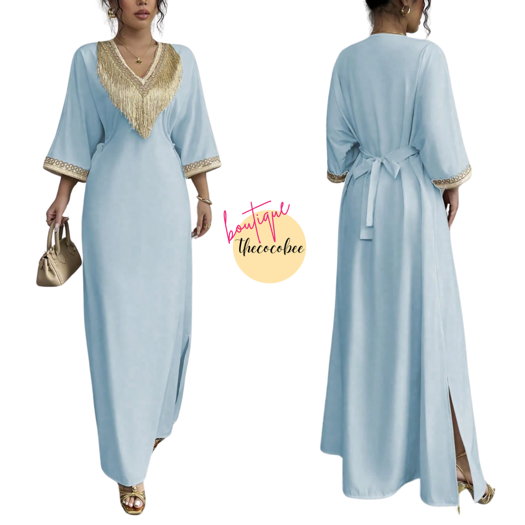 #148 Blue Elegant Applique Collar Tassel V-Neck Waisted Middle East Ramadan Long Dress