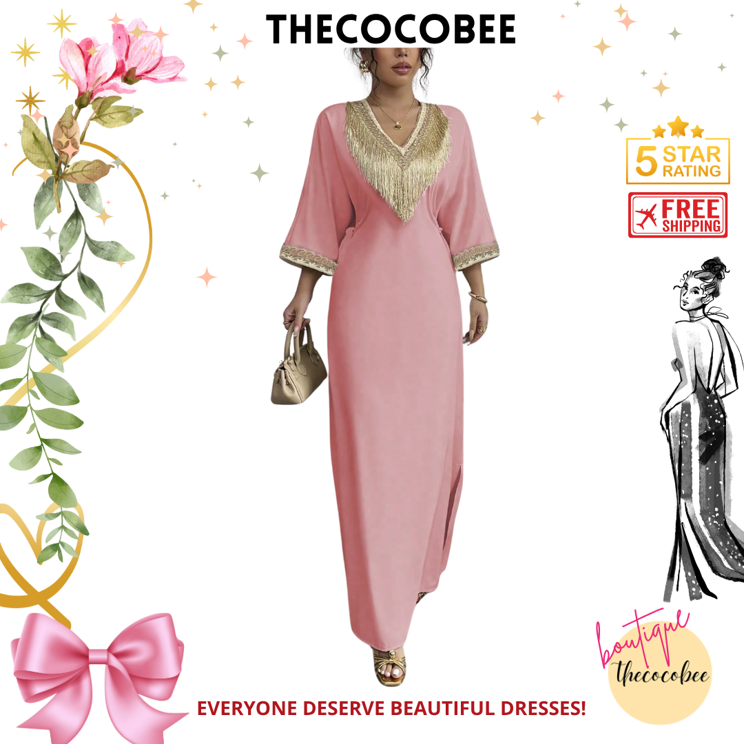#148 Dusty Pink Elegant Floral Applique V-Neck Tassel Waist Maxi Dress, Suitable For Eid Al-Fitr