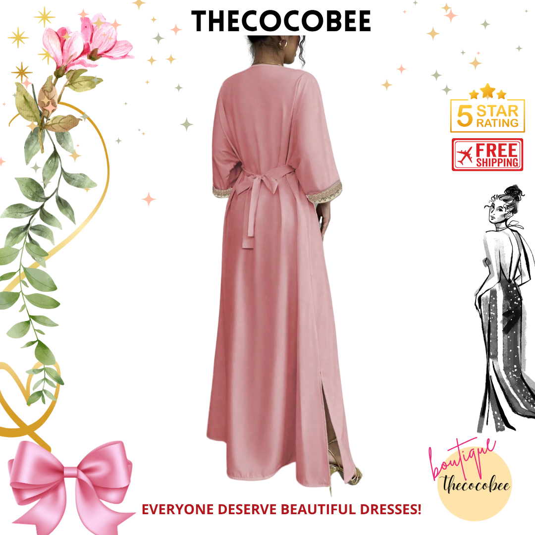 #148 Dusty Pink Elegant Floral Applique V-Neck Tassel Waist Maxi Dress, Suitable For Eid Al-Fitr