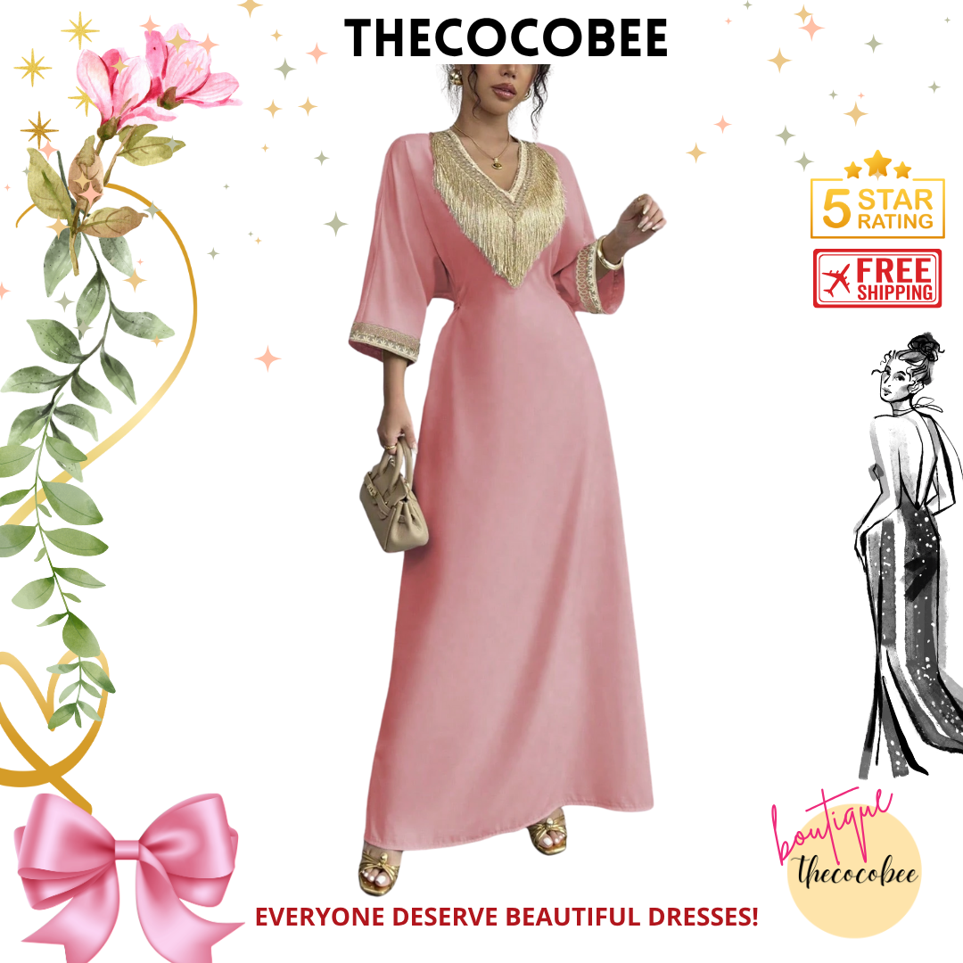 #148 Dusty Pink Elegant Floral Applique V-Neck Tassel Waist Maxi Dress, Suitable For Eid Al-Fitr