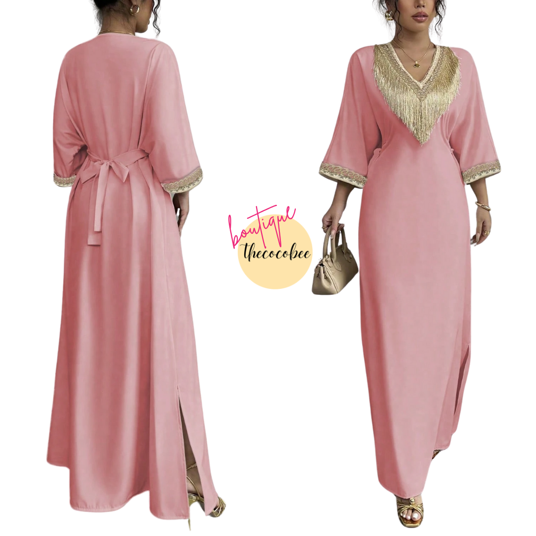 #148 Dusty Pink Elegant Floral Applique V-Neck Tassel Waist Maxi Dress, Suitable For Eid Al-Fitr