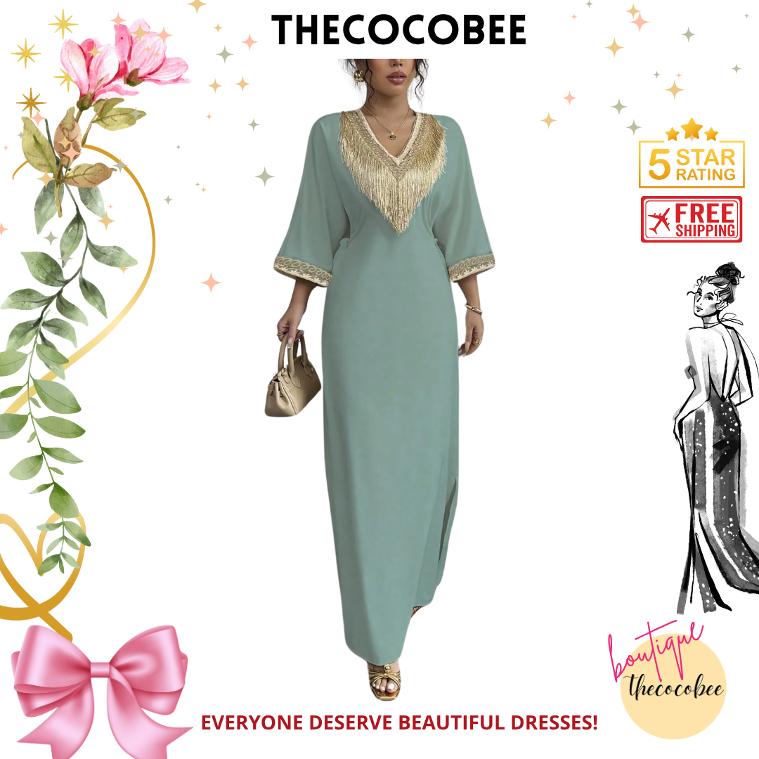 #148 Green Elegant Applique Trim V-Neck Waisted Fringed Maxi Dress, Suitable For Ramada