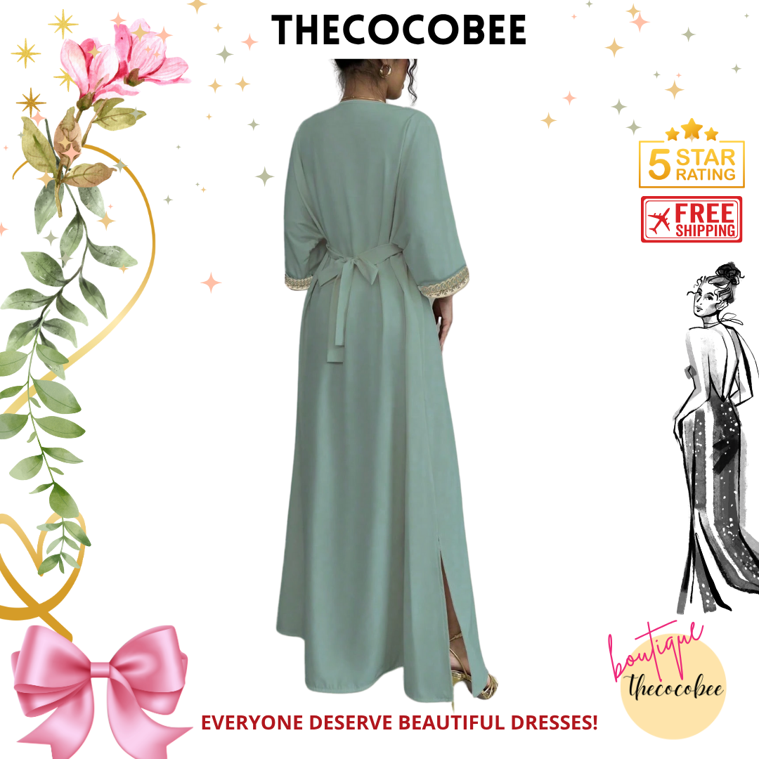 #148 Green Elegant Applique Trim V-Neck Waisted Fringed Maxi Dress, Suitable For Ramada