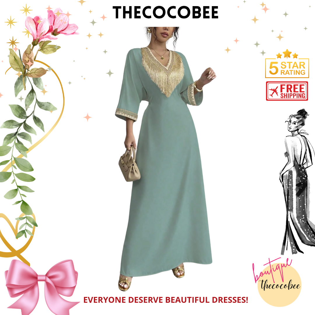 #148 Green Elegant Applique Trim V-Neck Waisted Fringed Maxi Dress, Suitable For Ramada