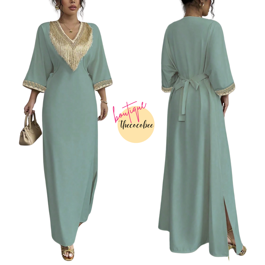 #148 Green Elegant Applique Trim V-Neck Waisted Fringed Maxi Dress, Suitable For Ramada