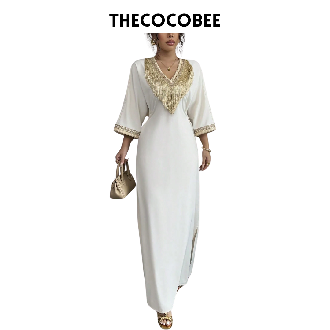 #148 Apricot Elegant Floral Embroidery Fringe V-Neck Waist Cincher Long Dress, Suitable For Ramadan