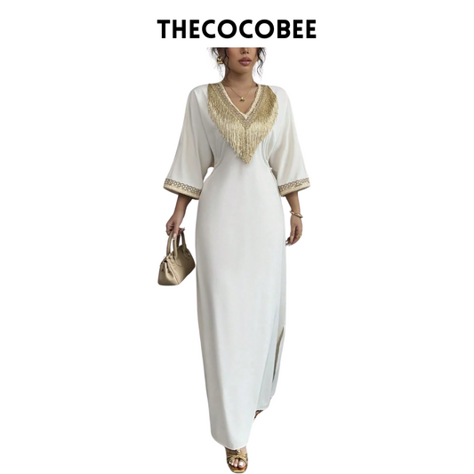 #148 Apricot Elegant Floral Embroidery Fringe V-Neck Waist Cincher Long Dress, Suitable For Ramadan