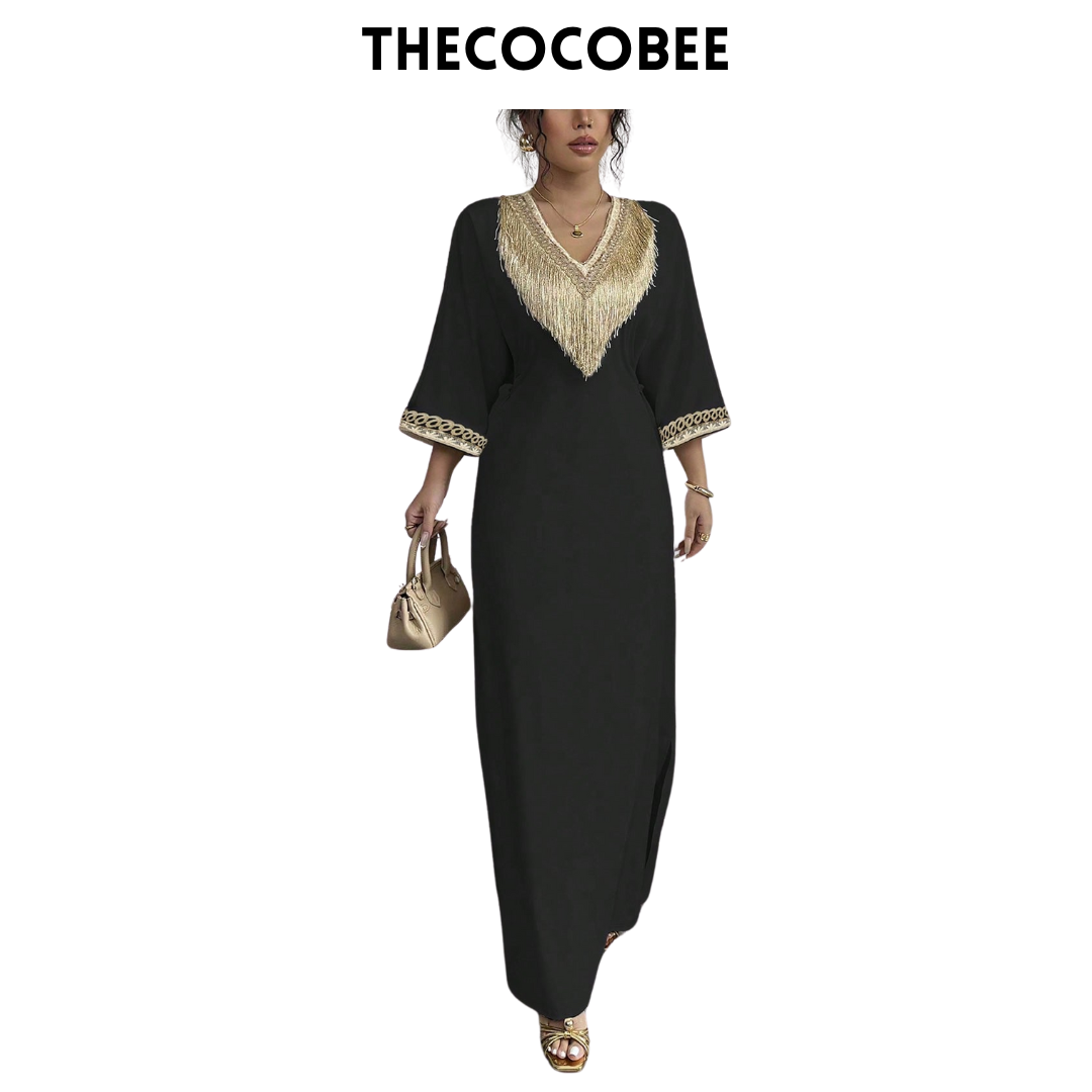 #148 Black Elegant Floral Print Fringe V-Neck Waisted Long Dress, Suitable For Ramadan