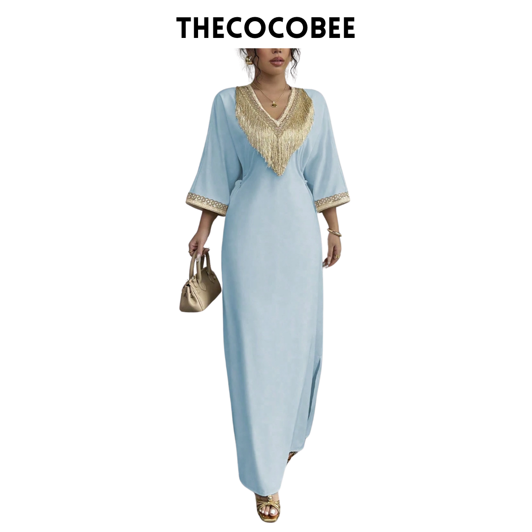 #148 Blue Elegant Applique Collar Tassel V-Neck Waisted Middle East Ramadan Long Dress