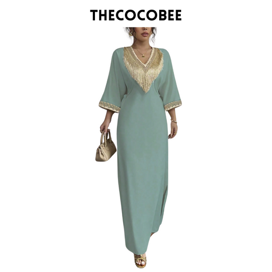 #148 Green Elegant Applique Trim V-Neck Waisted Fringed Maxi Dress, Suitable For Ramada