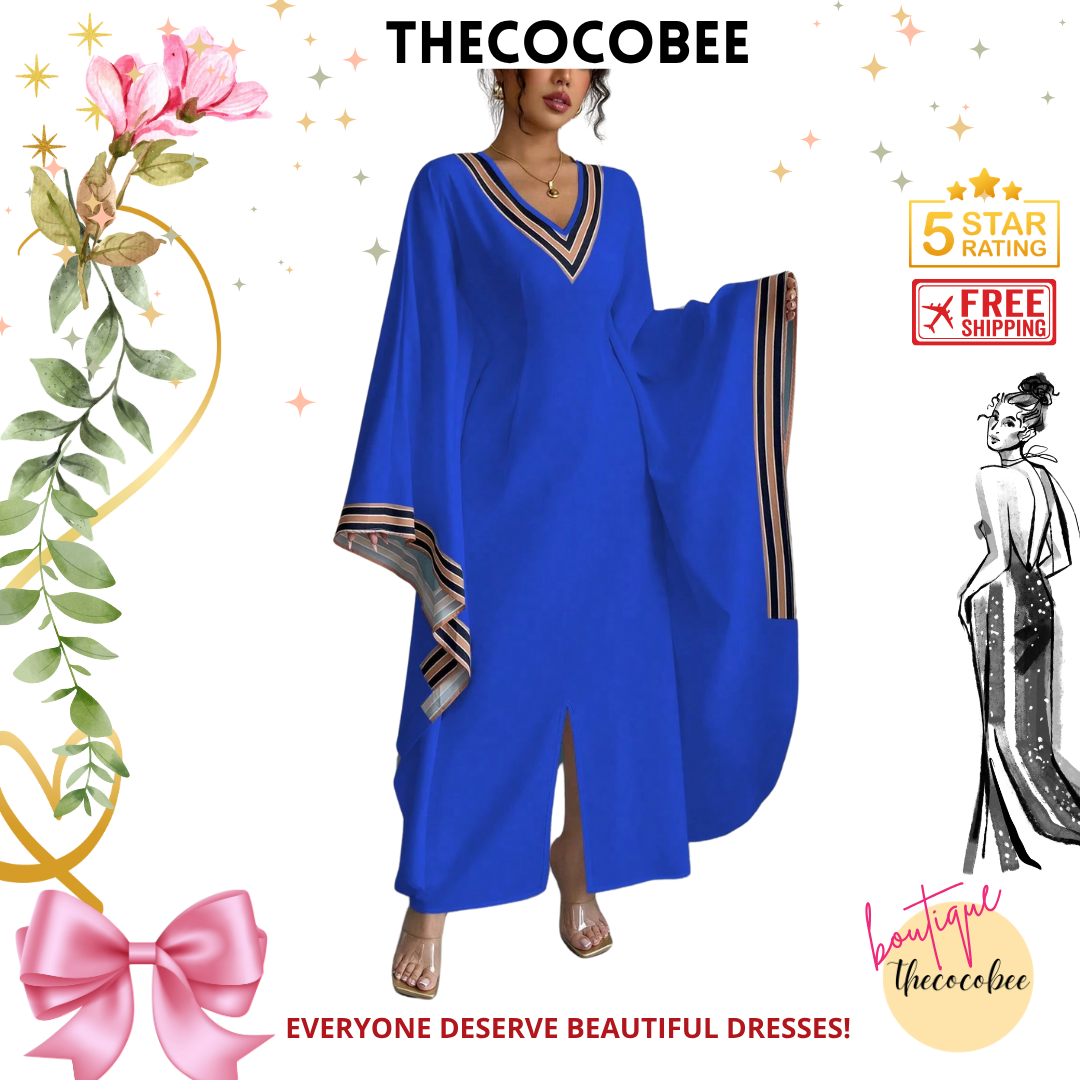 #149 Blue V-Neck Long Asymmetrical Hem Printed Dress For Women