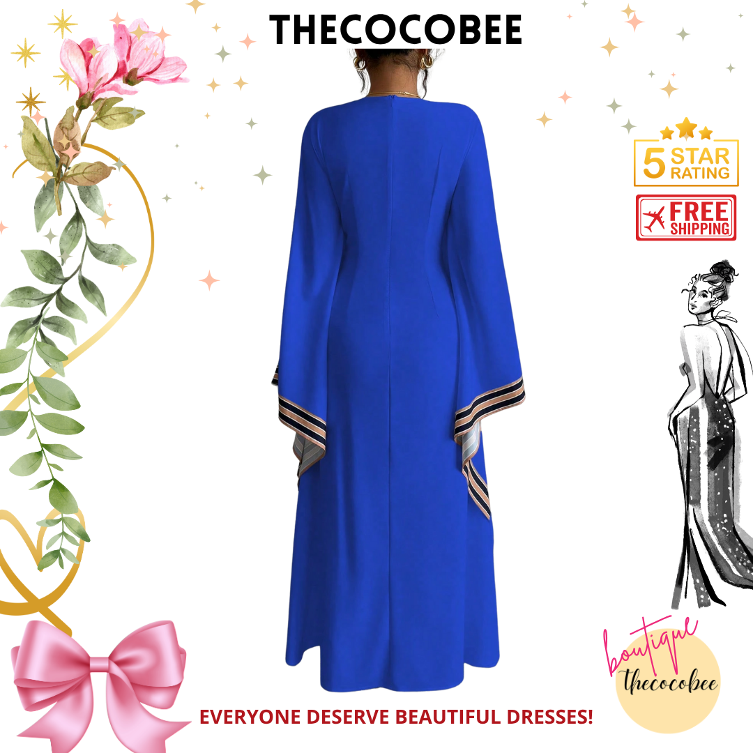 #149 Blue V-Neck Long Asymmetrical Hem Printed Dress For Women