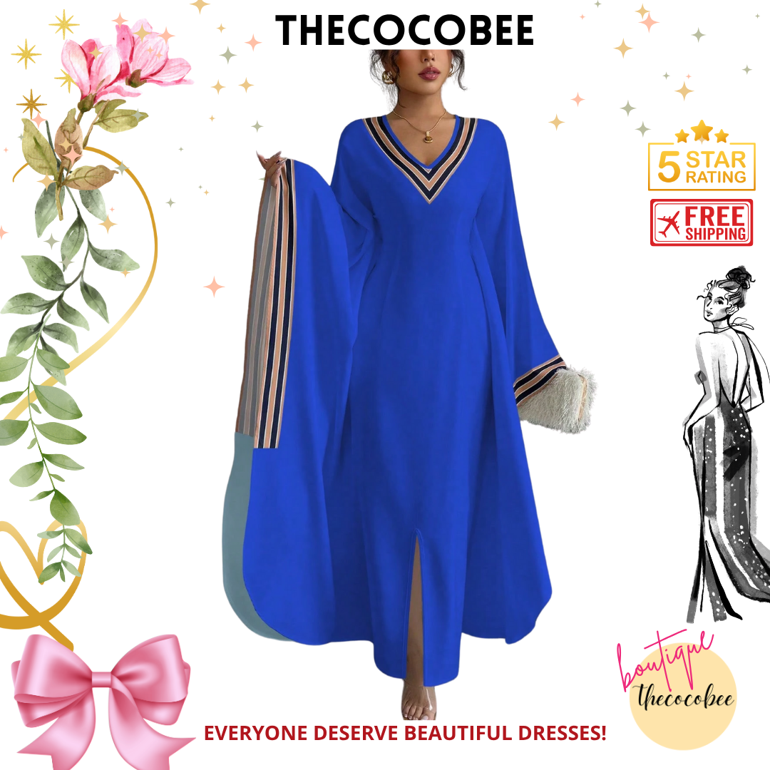 #149 Blue V-Neck Long Asymmetrical Hem Printed Dress For Women