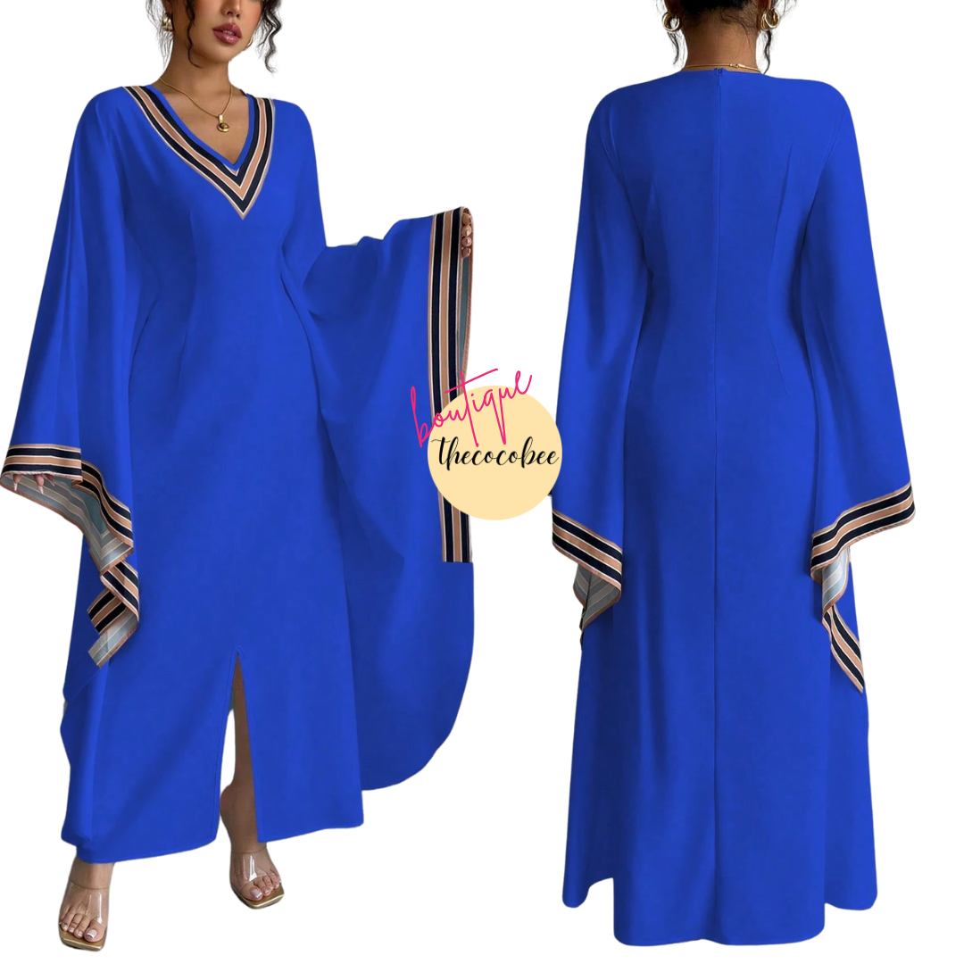 #149 Blue V-Neck Long Asymmetrical Hem Printed Dress For Women