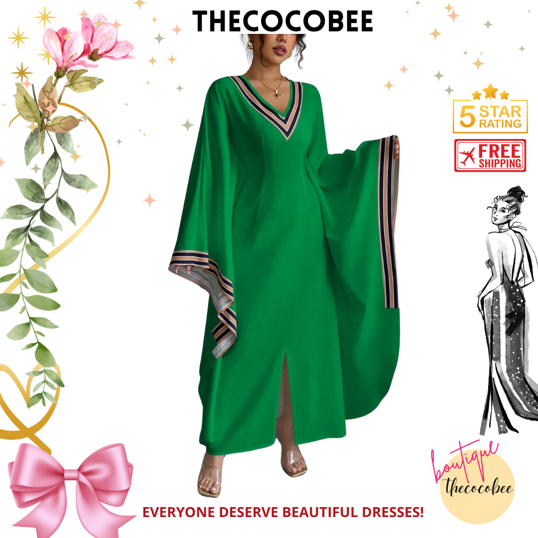 #149 Green Asymmetrical Printed V-Neck Dress Long Cover Up For Women