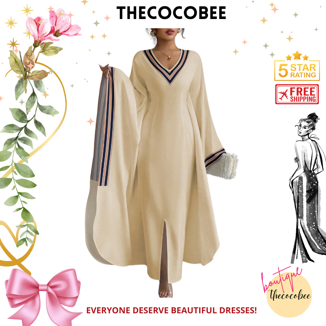 #149 Multicolor 1 Khaki Asymmetrical Hem V-Neck Printed Long Dress For Women