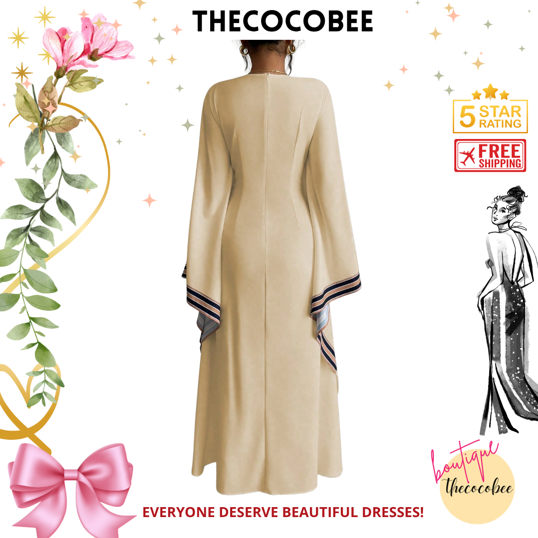 #149 Multicolor 1 Khaki Asymmetrical Hem V-Neck Printed Long Dress For Women