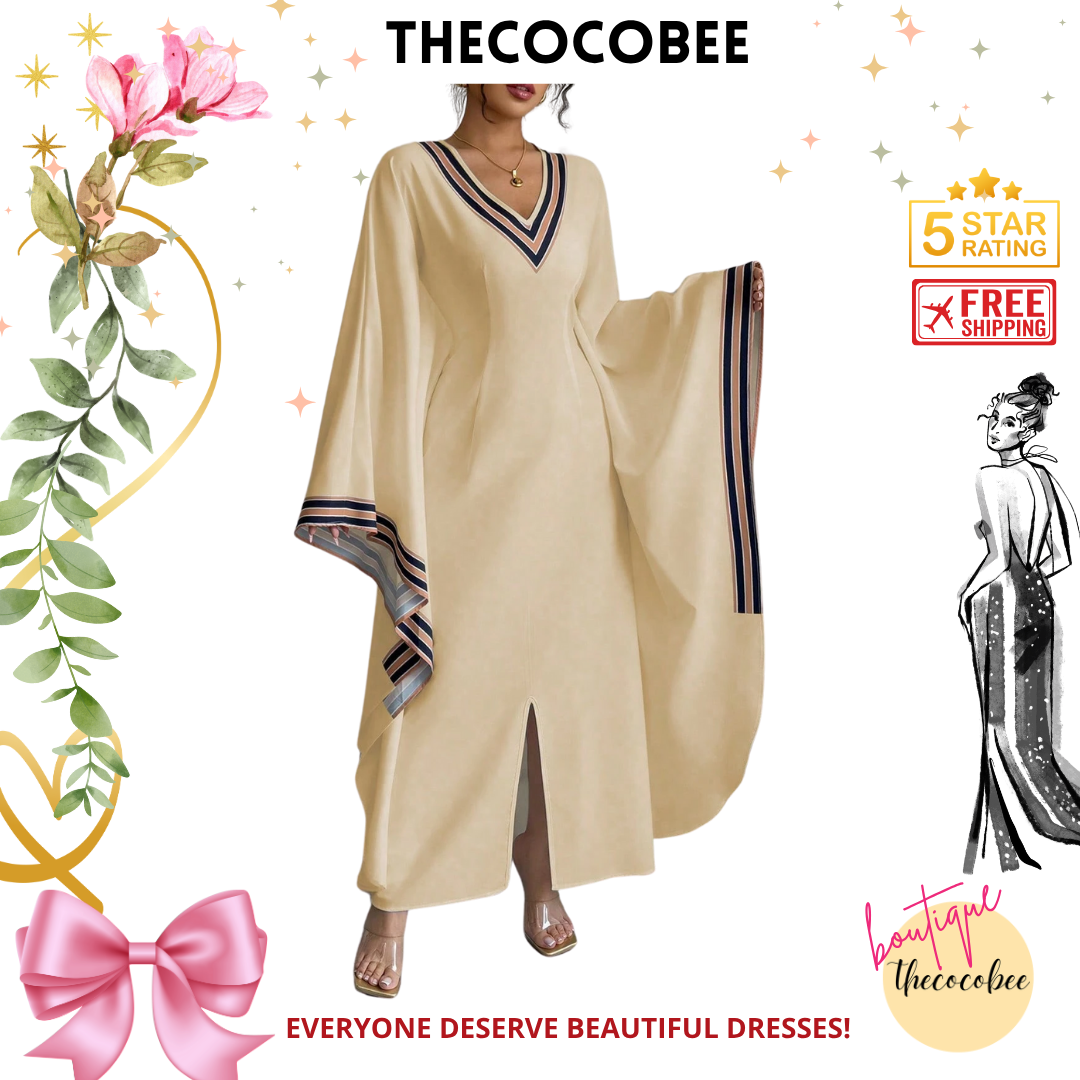 #149 Multicolor 1 Khaki Asymmetrical Hem V-Neck Printed Long Dress For Women