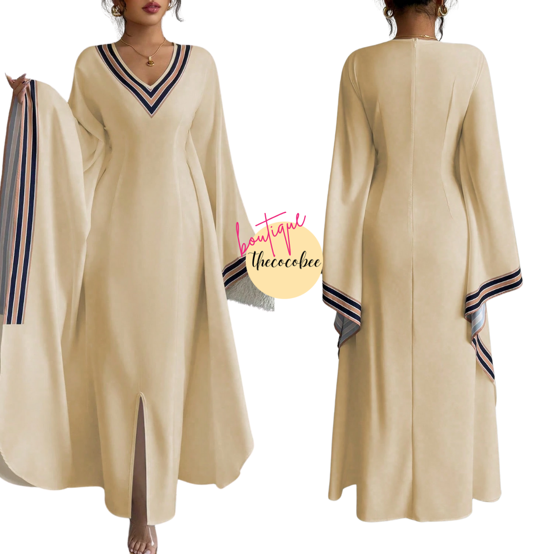 #149 Multicolor 1 Khaki Asymmetrical Hem V-Neck Printed Long Dress For Women