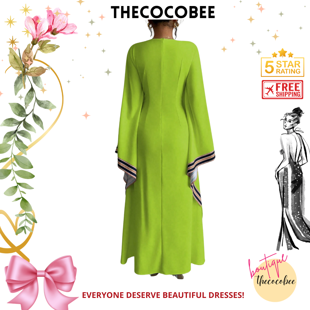 #149 Multicolor 2 Light Green Striped Printed V-Neck Asymmetric Hem Dress For Women