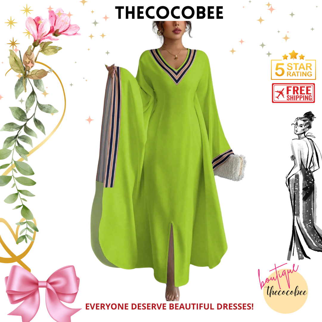 #149 Multicolor 2 Light Green Striped Printed V-Neck Asymmetric Hem Dress For Women