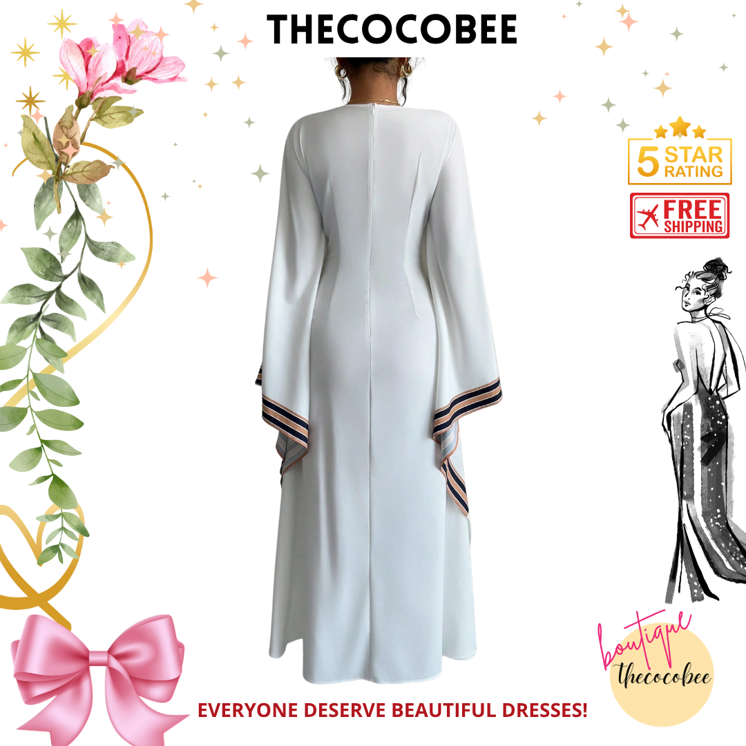 #149 White 1pc Women's V-Neck Asymmetrical Hem Printed Long Cover Up Dress