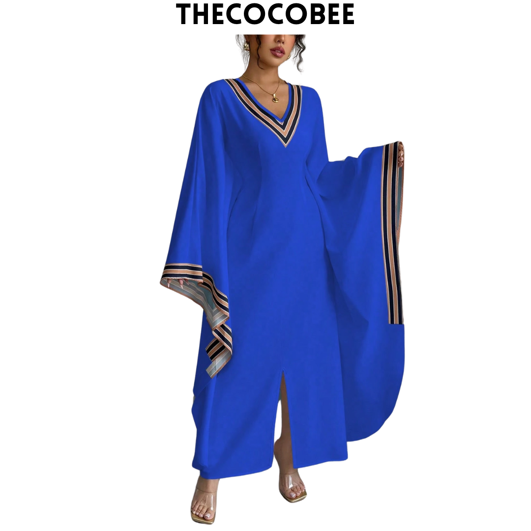 #149 Blue V-Neck Long Asymmetrical Hem Printed Dress For Women