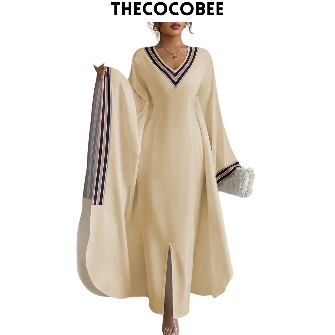 #149 Multicolor 1 Khaki Asymmetrical Hem V-Neck Printed Long Dress For Women