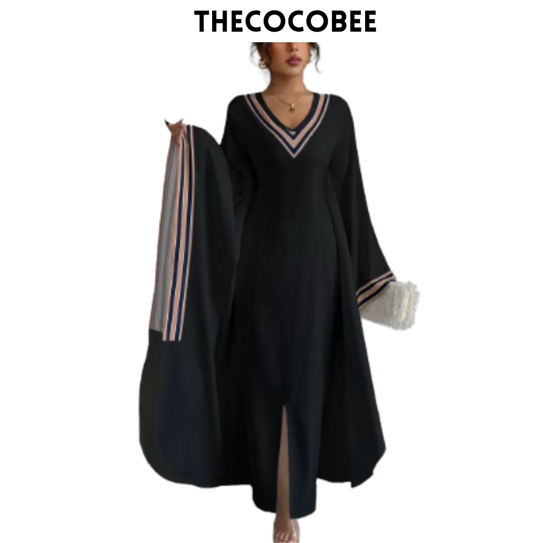 #149 Multicolor 3 Black Printed V-Neck Long Asymmetrical Hem Dress For Women